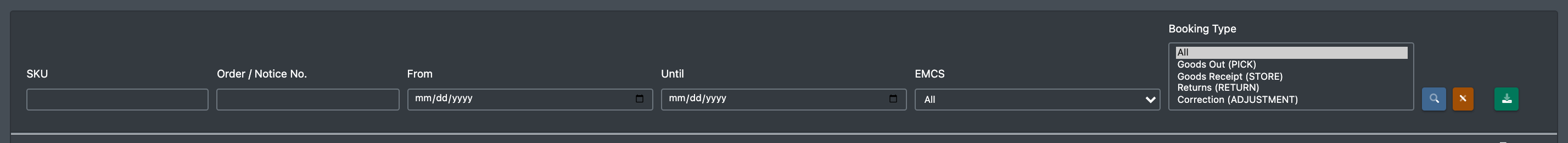 Screenshot: Filter bar of the alcohol tax ledger with booking type drop-down opened