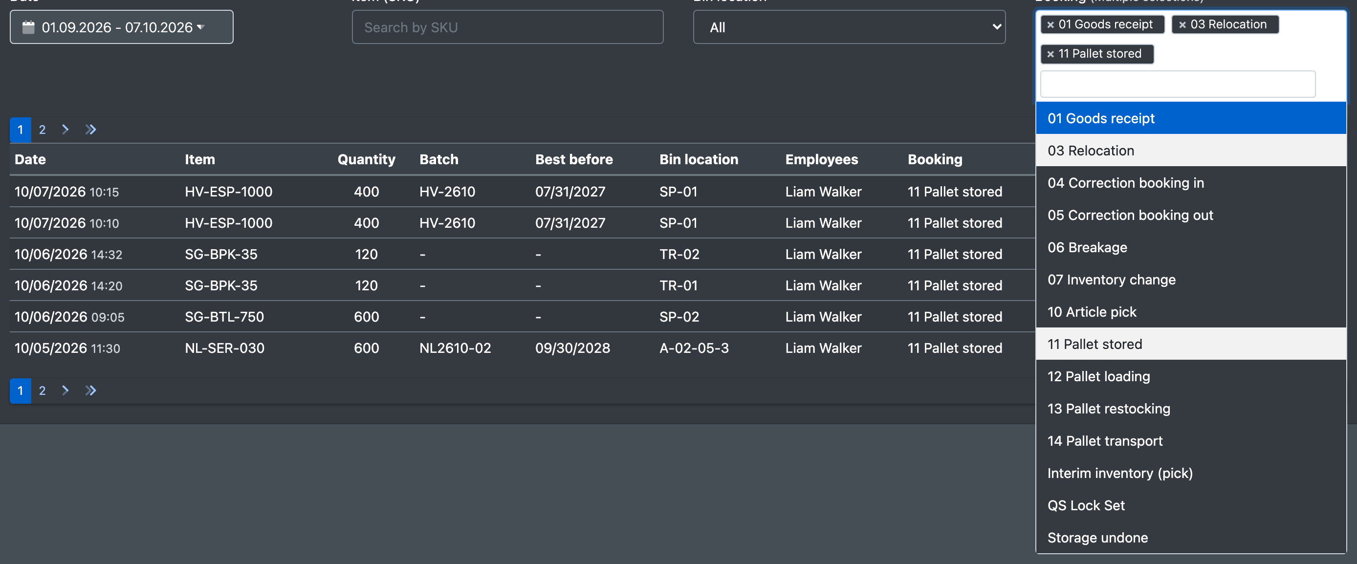 Screenshot: Booking type filter opened with several booking types selected