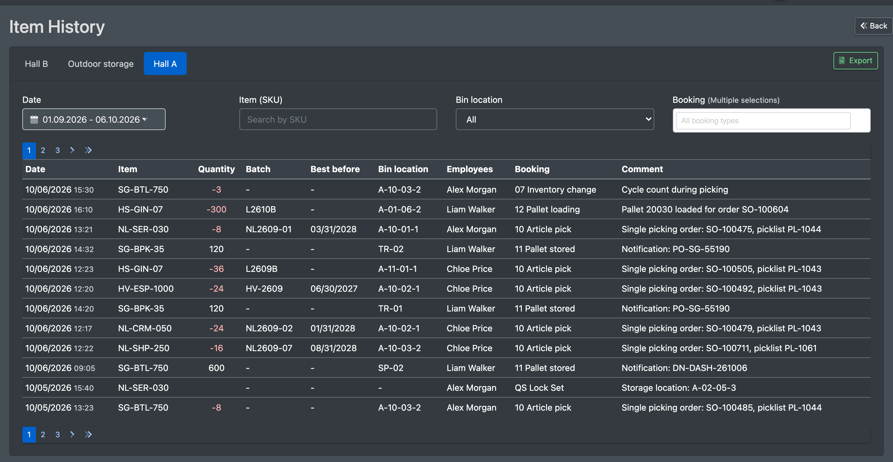 Screenshot: Item History page with date filter, SKU search, location filter, booking type filter and the list of entries