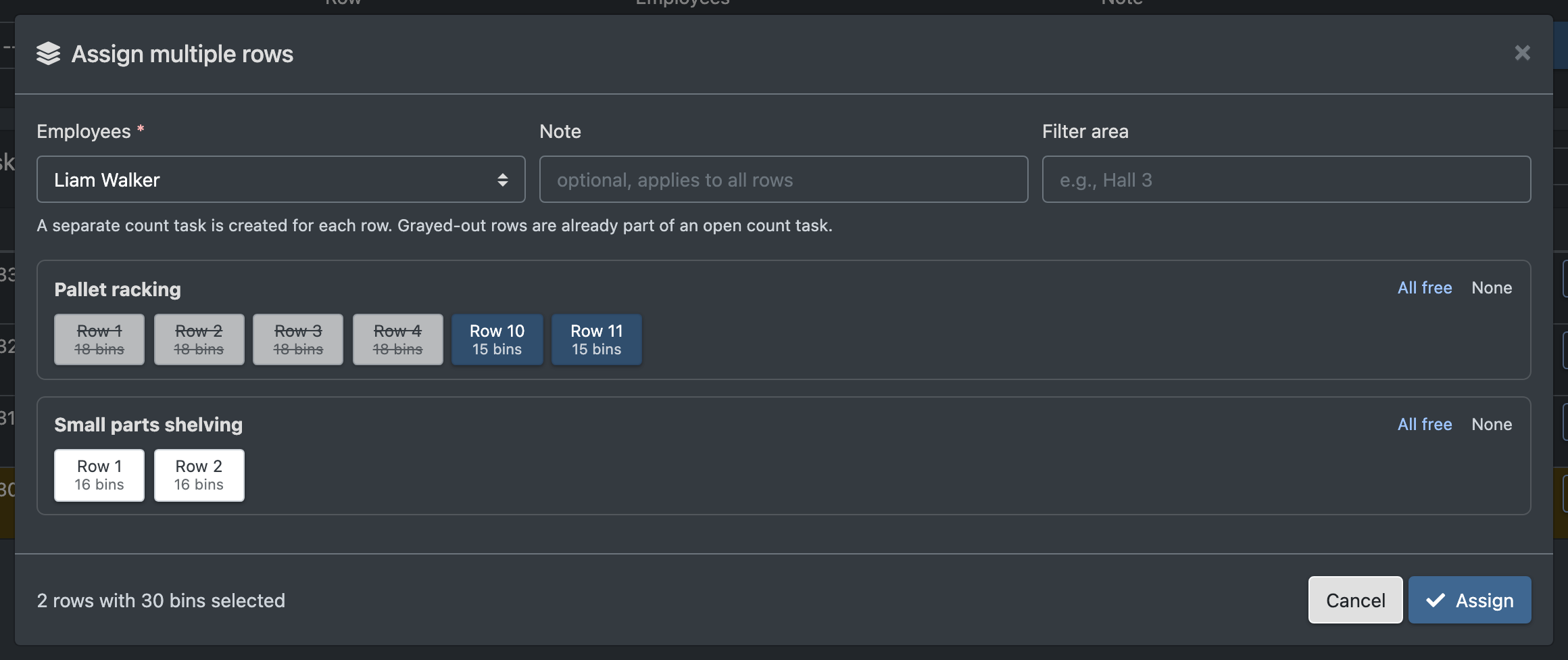 Screenshot: Dialog "Assign multiple rows" with employee, note, area filter and the row buttons per area, two rows selected and occupied rows grayed out