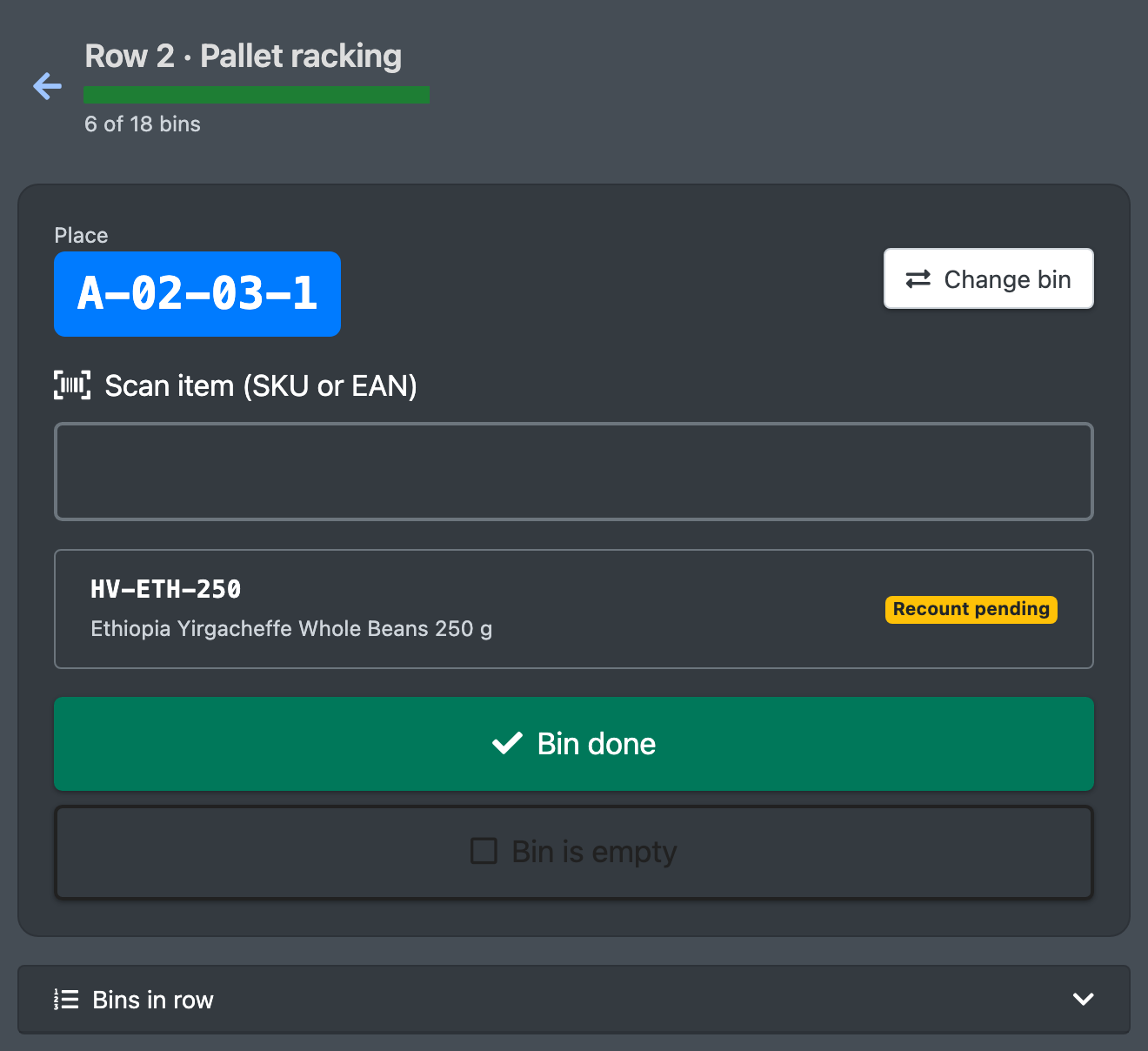 Screenshot: Place A-02-03-1 of Pallet racking row 2 with the article scan field, the counted article marked "Recount pending", the buttons "Bin done" and "Bin is empty" and the folded list "Bins in row"