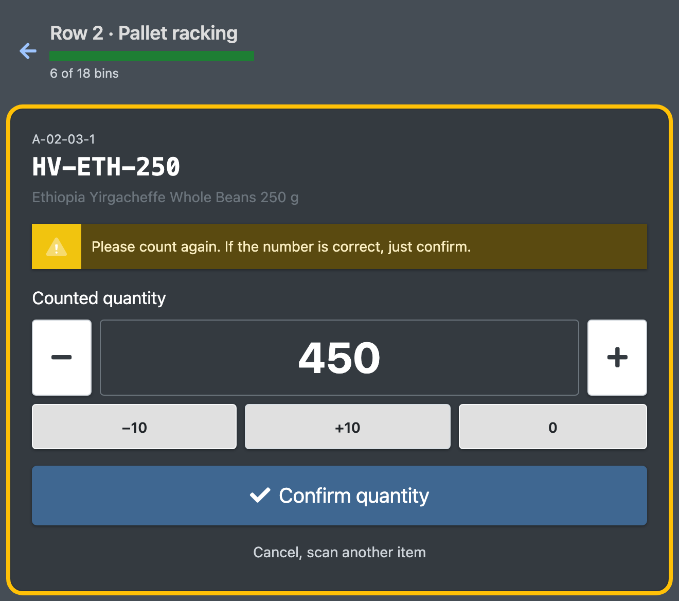 Screenshot: Quantity step for article HV-ETH-250 with the warning "Please count again. If the number is correct, just confirm.", the quantity field with plus and minus buttons and "Confirm quantity"