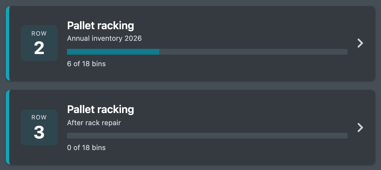 Screenshot: Counting screen with the own count tasks as cards – row number, area, note and progress "6 of 18 bins"