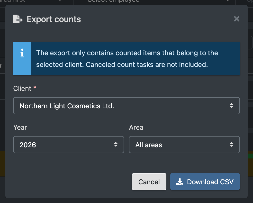 Screenshot: Dialog "Export counts" with the info box, the client Northern Light Cosmetics Ltd. selected, year and area