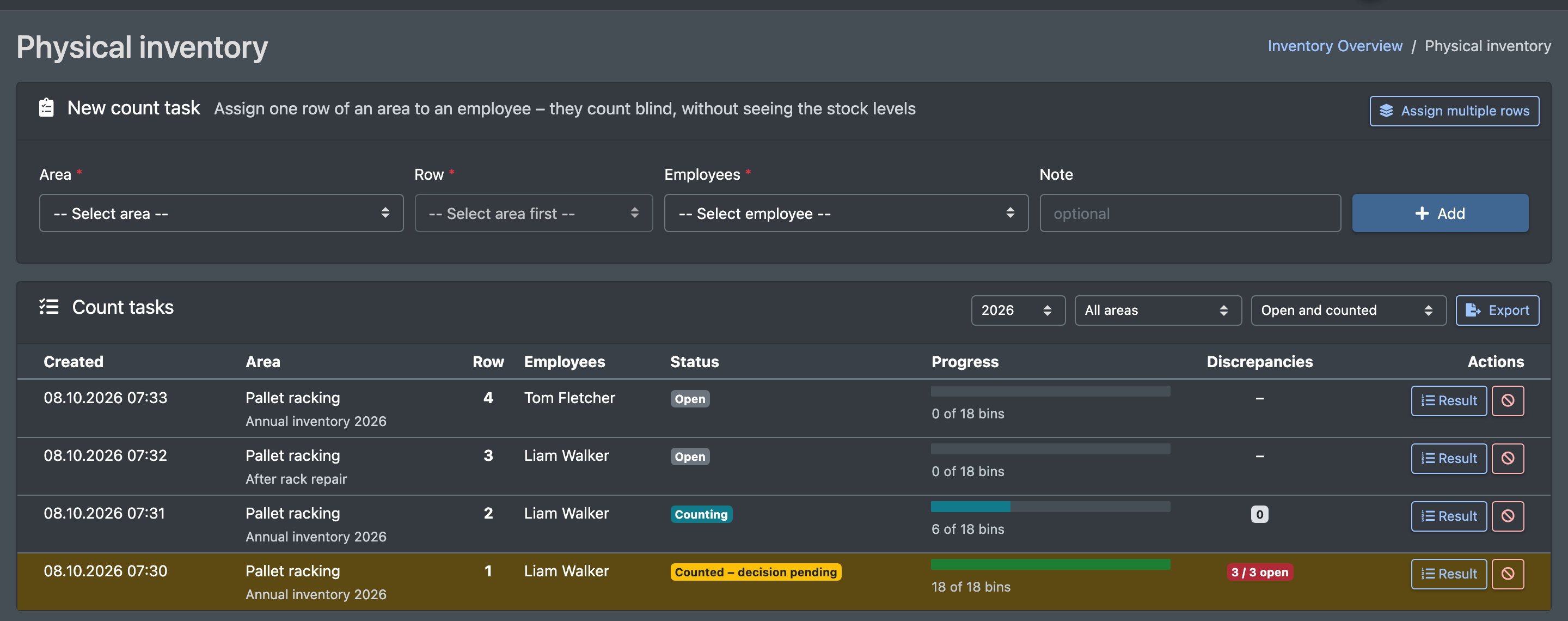 Screenshot: Physical inventory page with the box "New count task" (area, row, employee, note) and the list "Count tasks" with status, progress and discrepancies