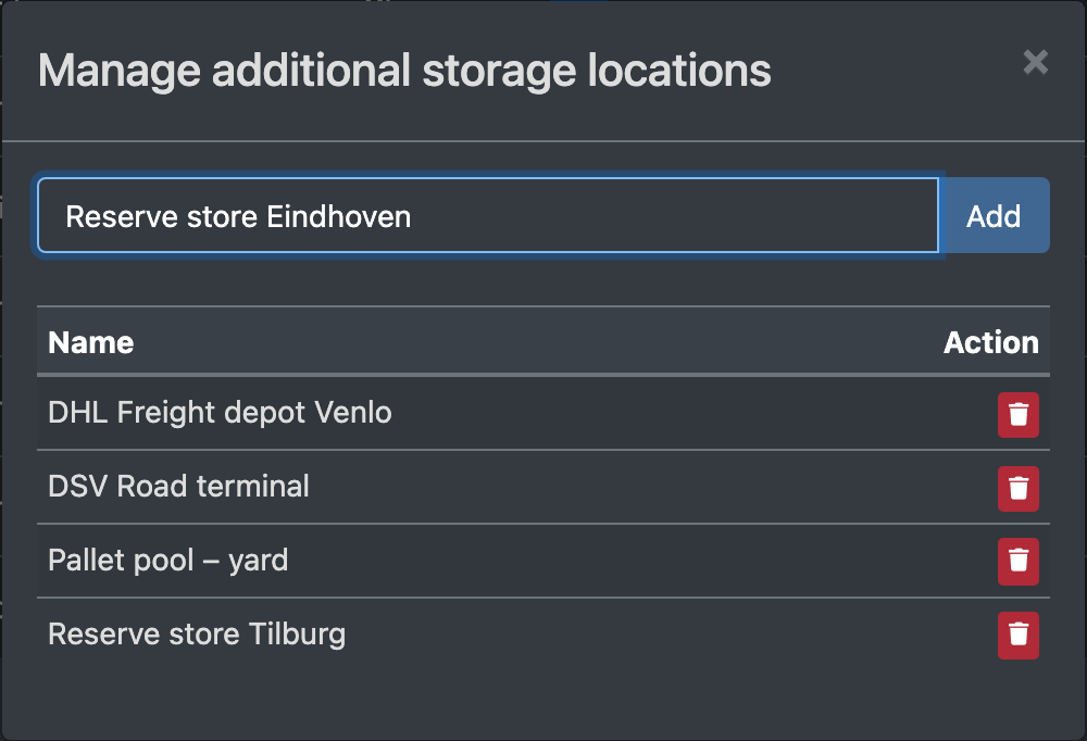 Screenshot: Manage additional storage locations dialog with a name field and the list of locations
