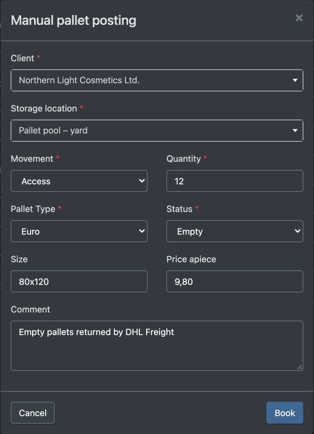 Screenshot: Manual pallet posting dialog with client, location, movement, pallet type, status, quantity, size, price and comment