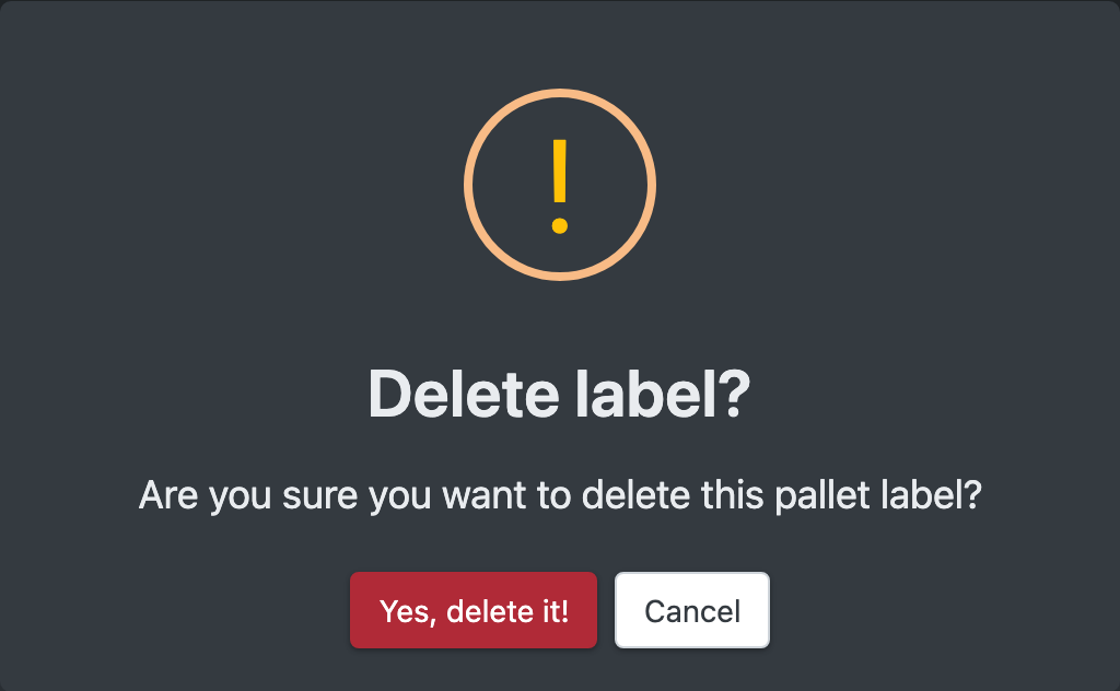 Screenshot: Confirmation dialog for deleting a pallet label