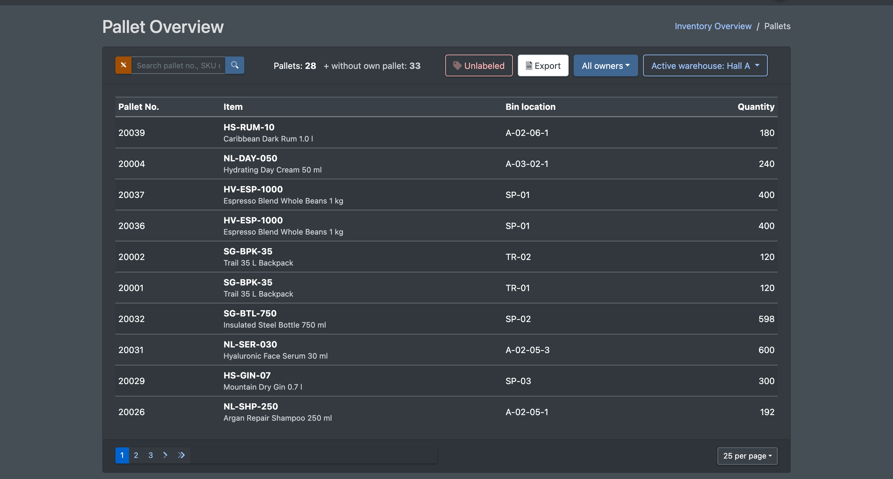 Screenshot: Pallet Overview with search field, owner filter, pallet counter and the list of pallets