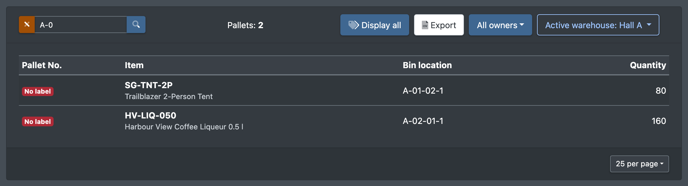 Screenshot: Pallet overview filtered to "Unlabeled" with red "No label" badges