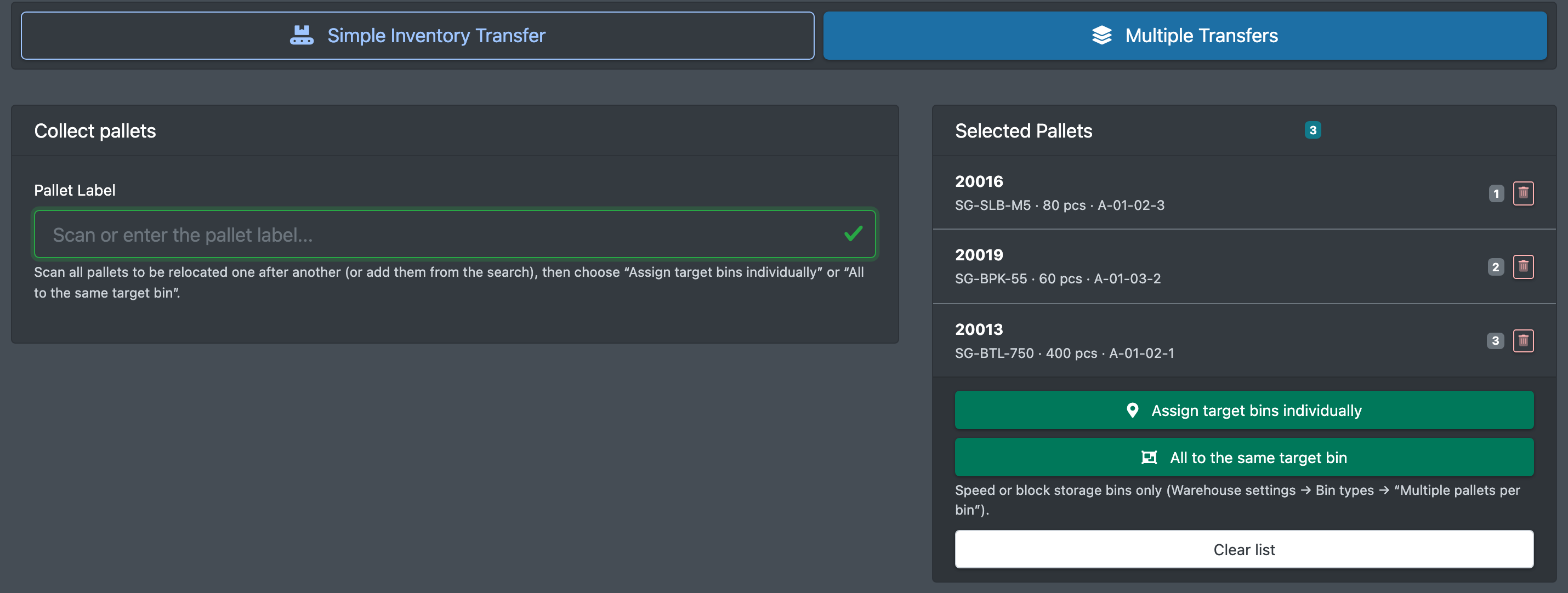 Screenshot: Multiple Transfers tab with three scanned pallets and the two assignment buttons