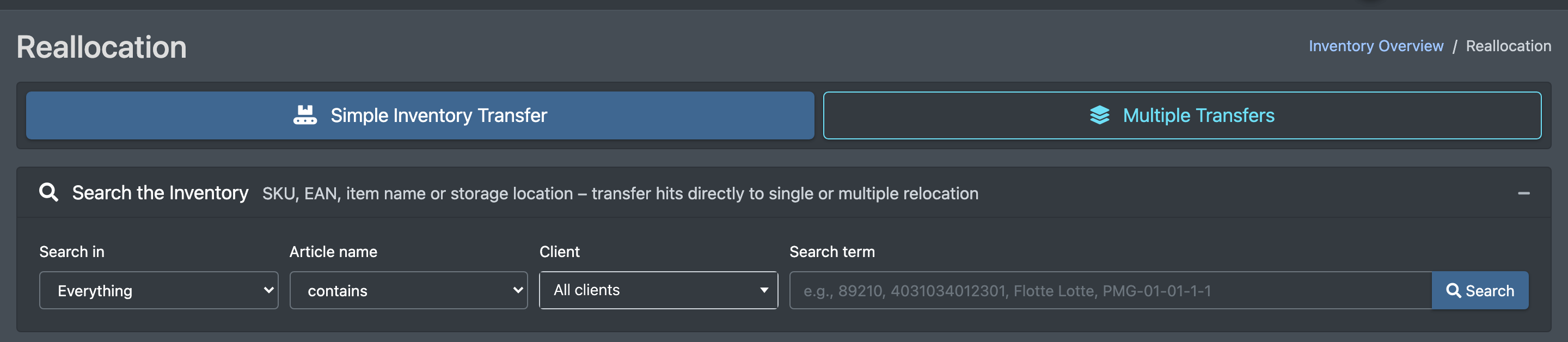Screenshot: Relocation page with the tabs Simple Inventory Transfer and Multiple Transfers and the "Search the Inventory" box
