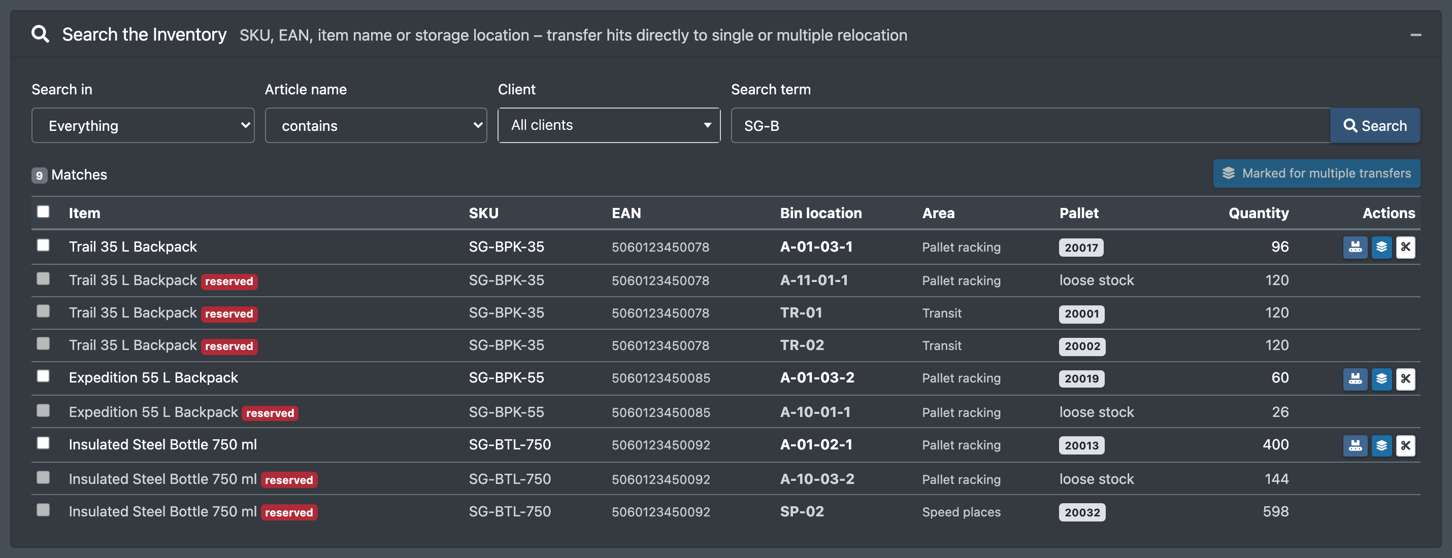 Screenshot: Search the Inventory with search options and a list of matches with the take-over buttons