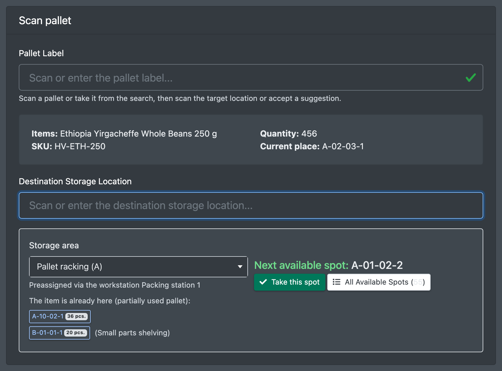 Screenshot: Simple relocation with scanned pallet, storage area selection and suggested next free location