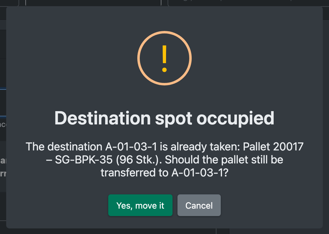 Screenshot: Confirmation dialog "Destination spot occupied"