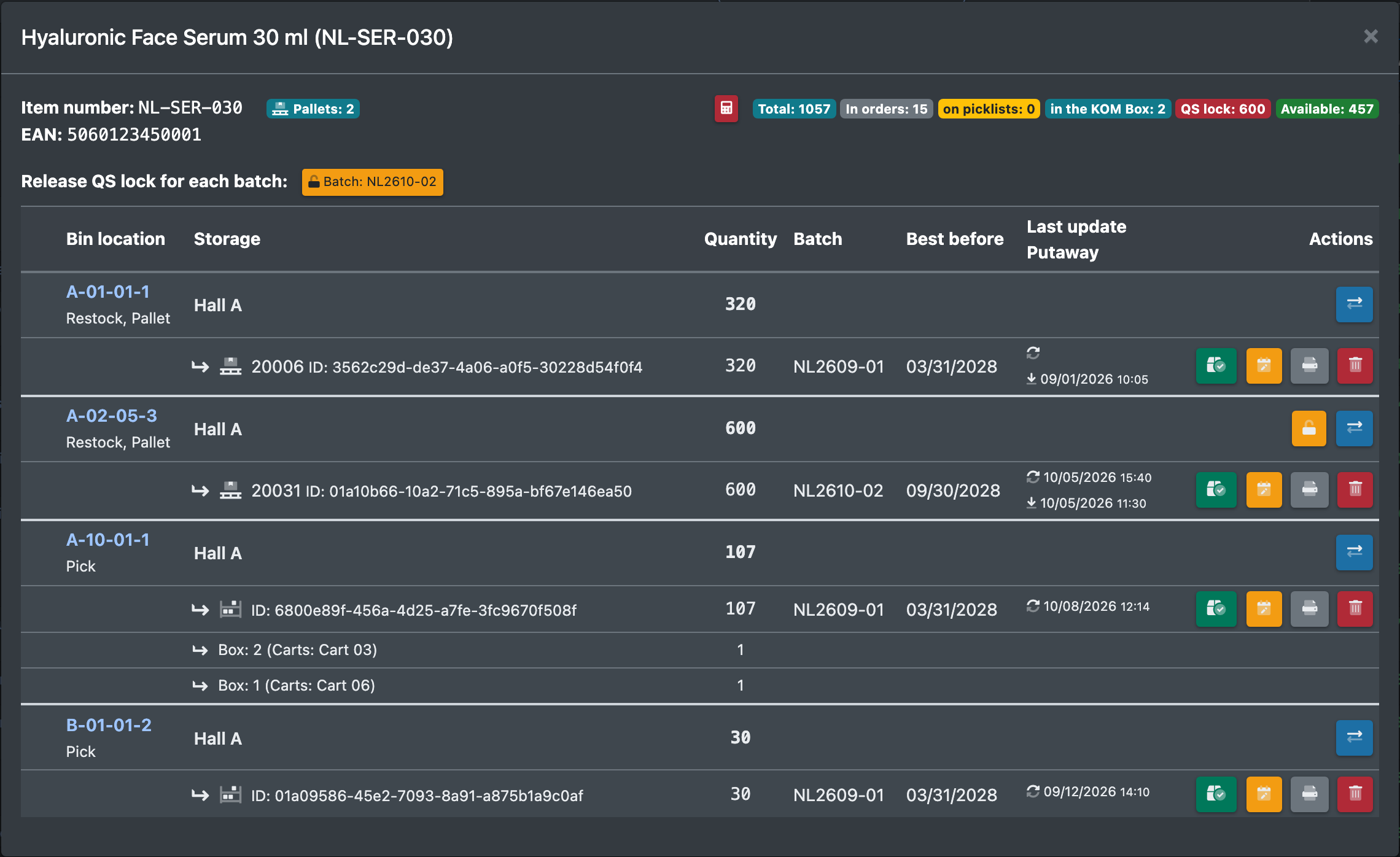 Screenshot: Article detail window with the stock breakdown and the list of storage locations