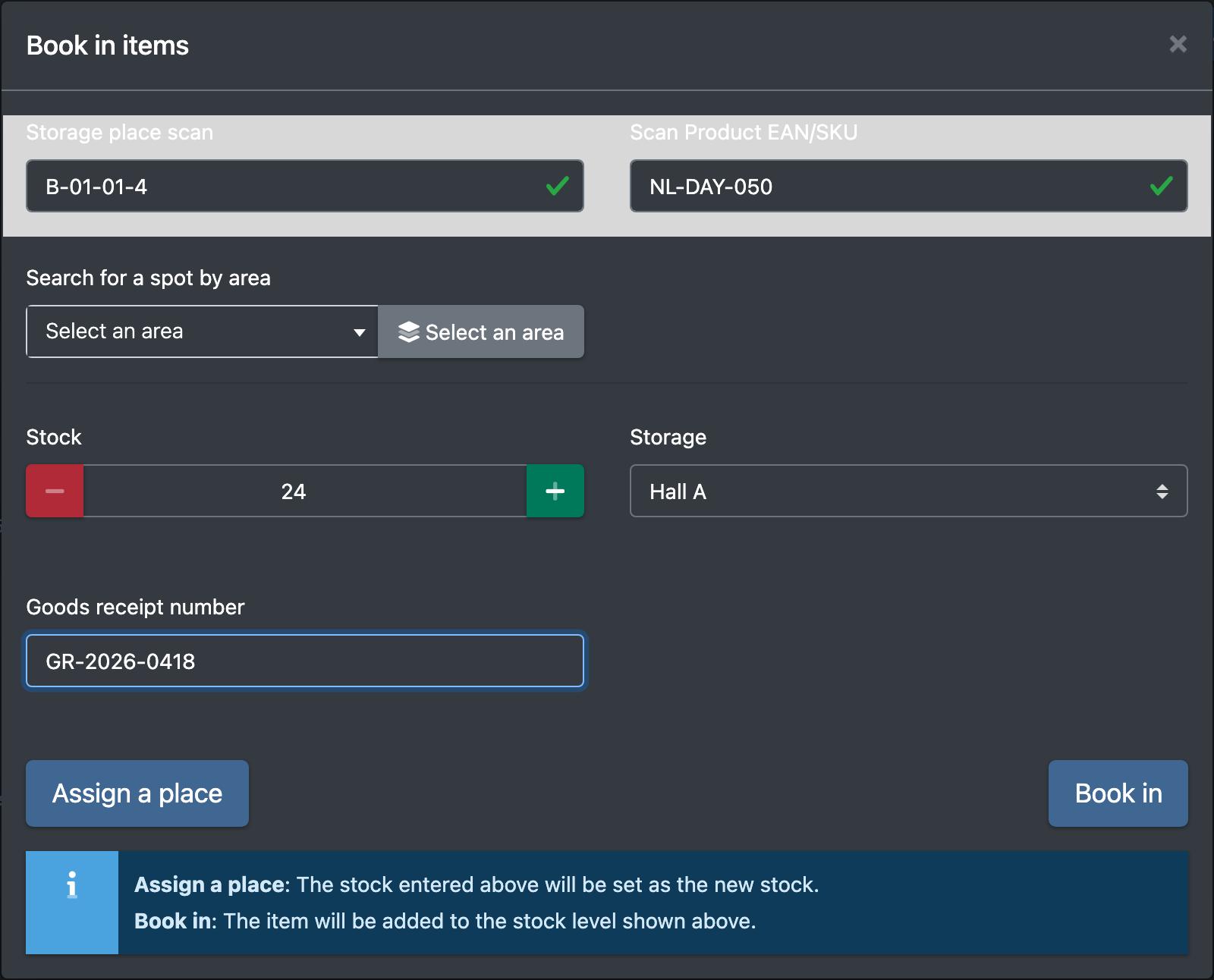 Screenshot: Book items dialog with location scan, article scan, customer, stock and goods receipt number