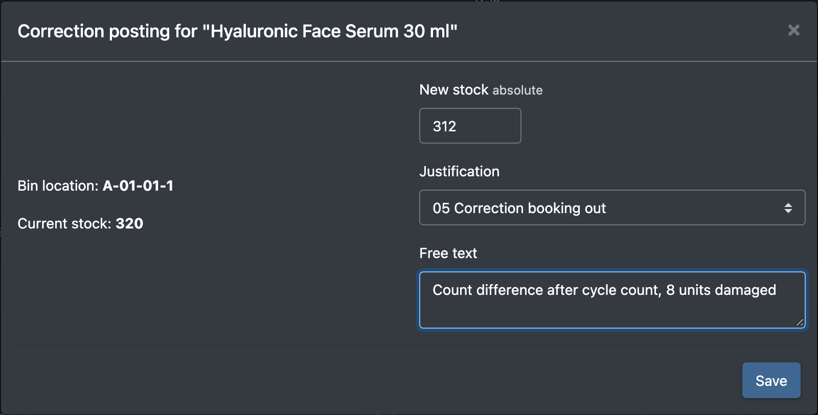 Screenshot: Correction posting dialog with new stock, reason and free text