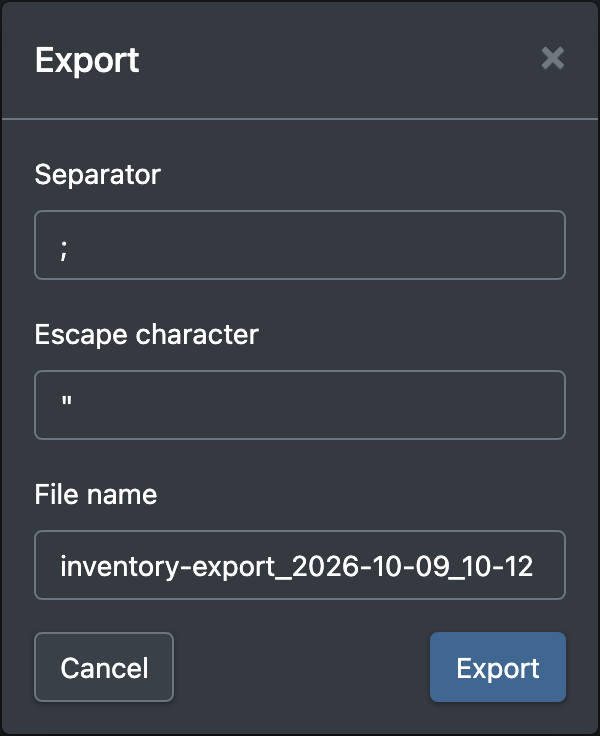 Screenshot: Column editor and export dialog of the stock overview
