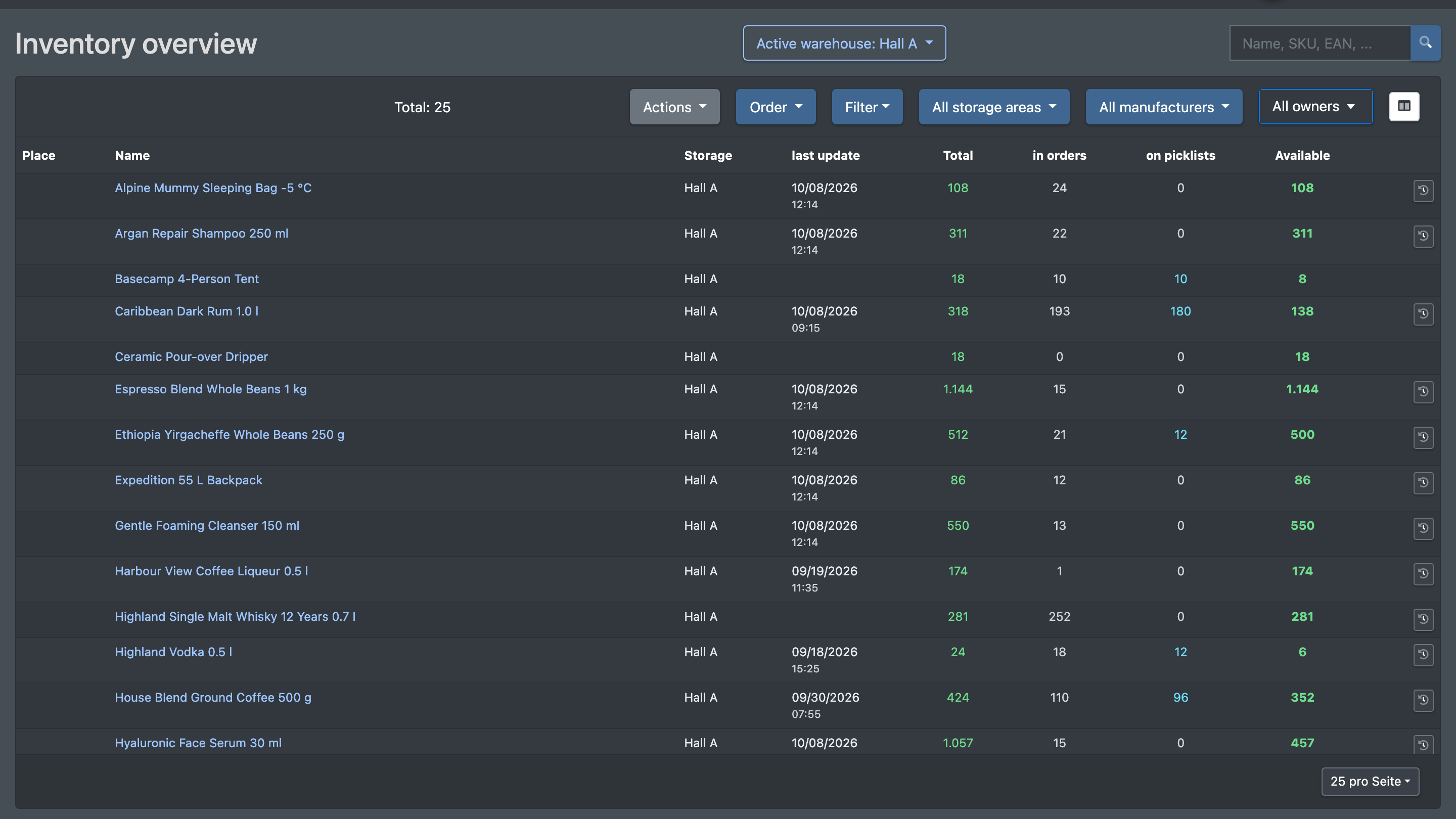 Screenshot: Stock overview with search field, filters for storage area, manufacturer and warehouse, and the article list