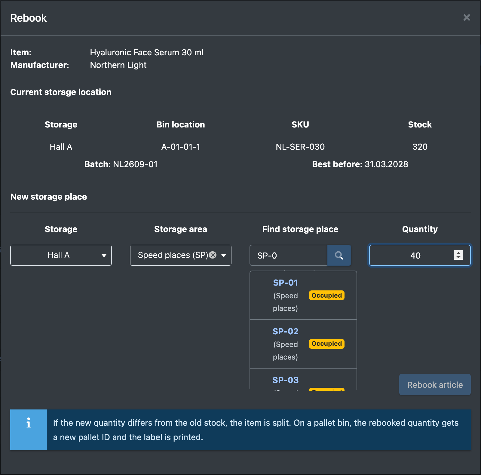 Screenshot: Move article dialog with storage area, location search and quantity
