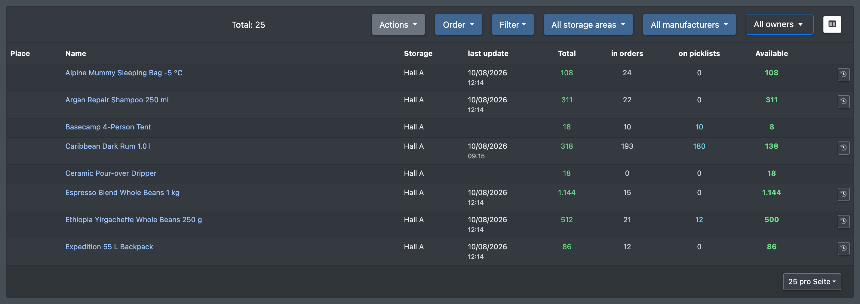 Screenshot: Stock overview in the storage place view with one row per place and the picking-cart boxes as indented rows