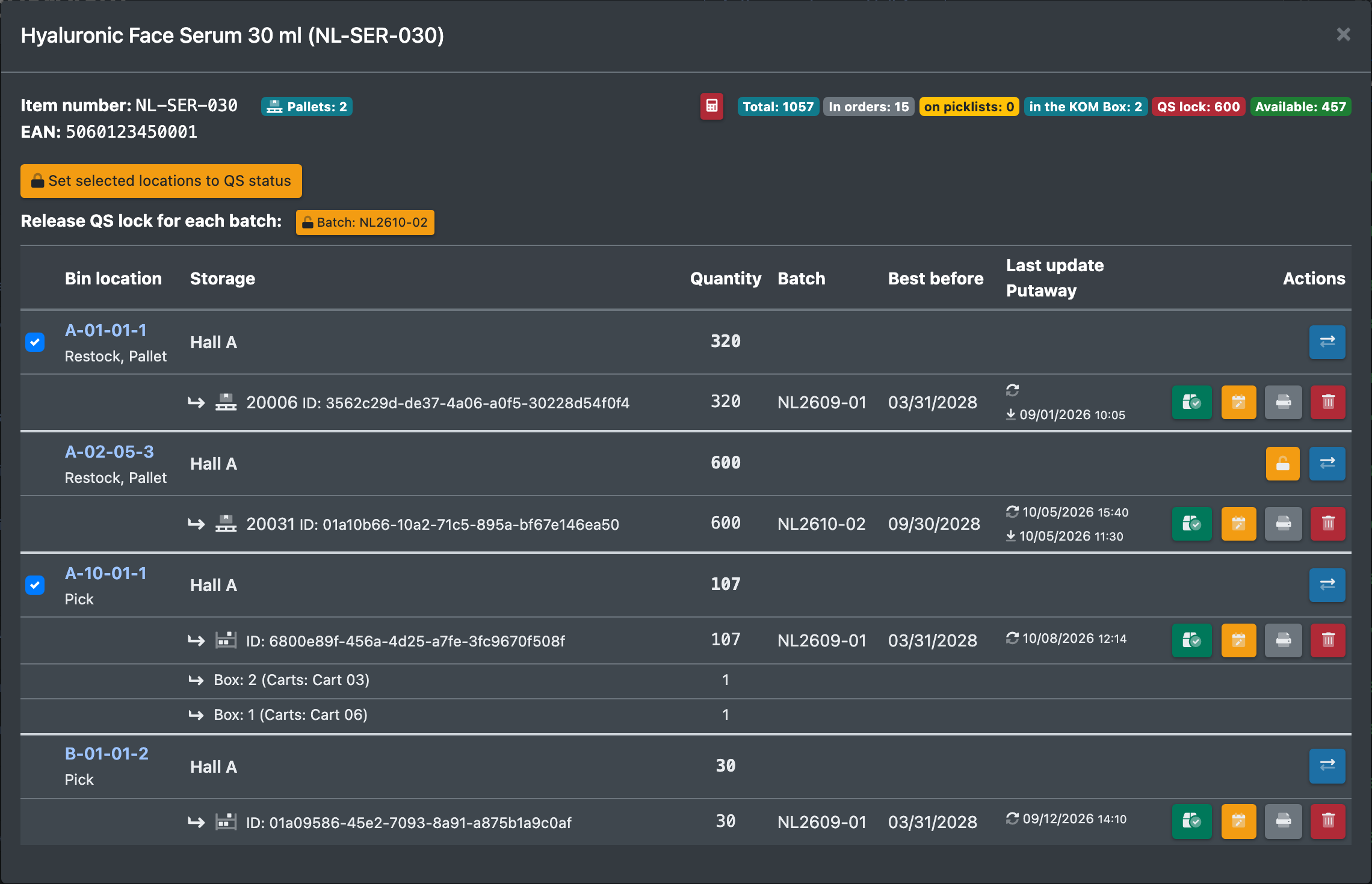 Screenshot: Article window with selected locations and the QS buttons