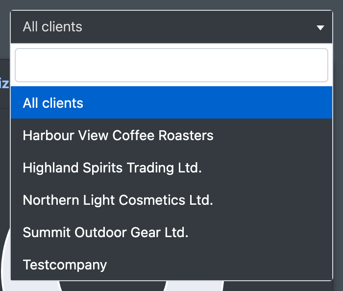 Screenshot: Client name drop-down at the top of the dashboard