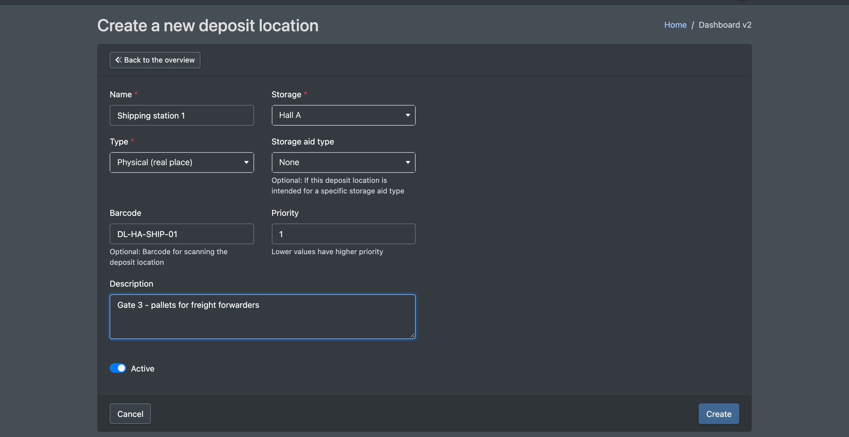 Screenshot: Form "Create new deposit location" with Name "Shipping station 1", Type Physical, a barcode and Active ticked