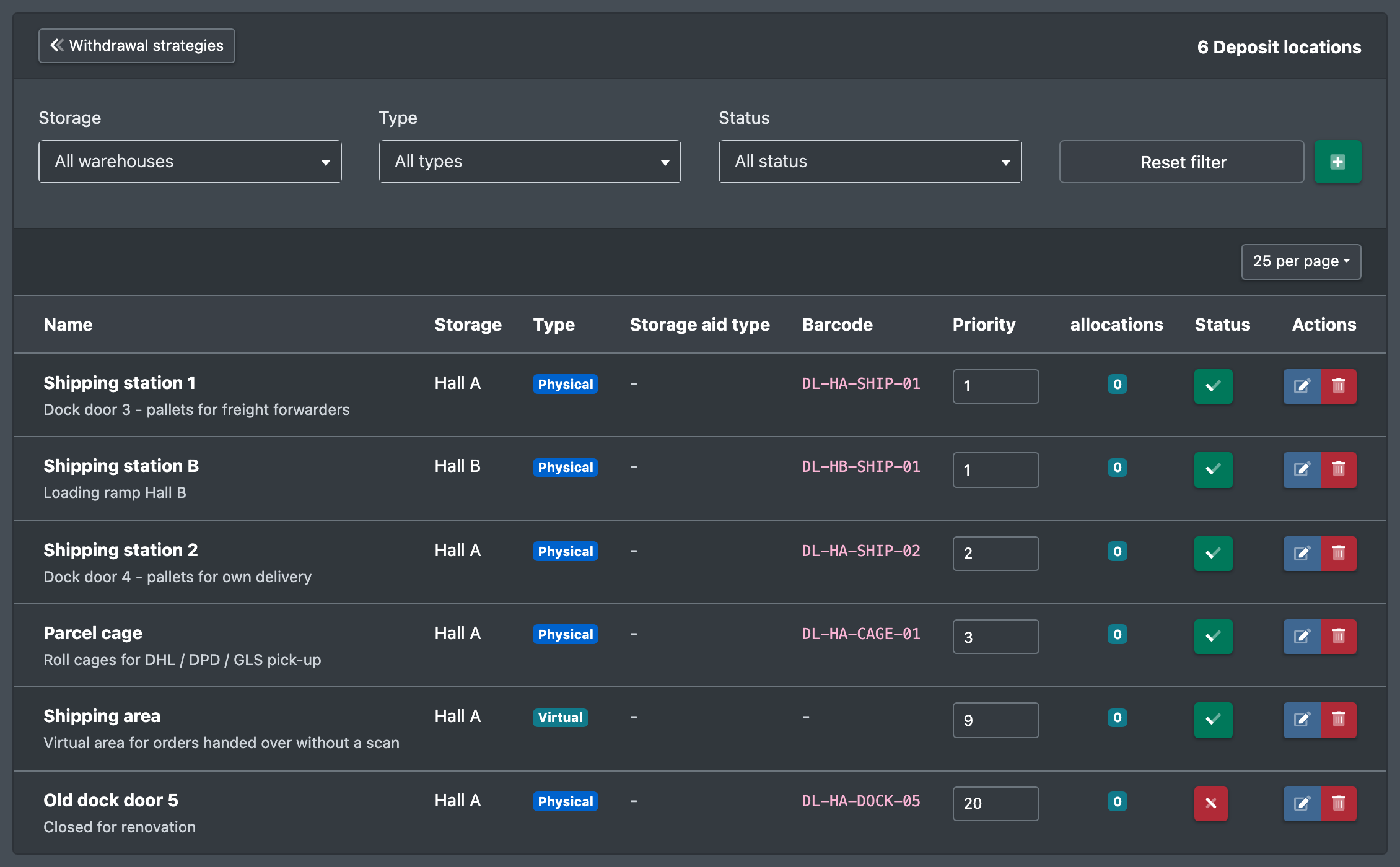 Screenshot: Deposit locations list with Name, Warehouse, Type, Barcode, Priority and Status and the "Create new deposit location" button