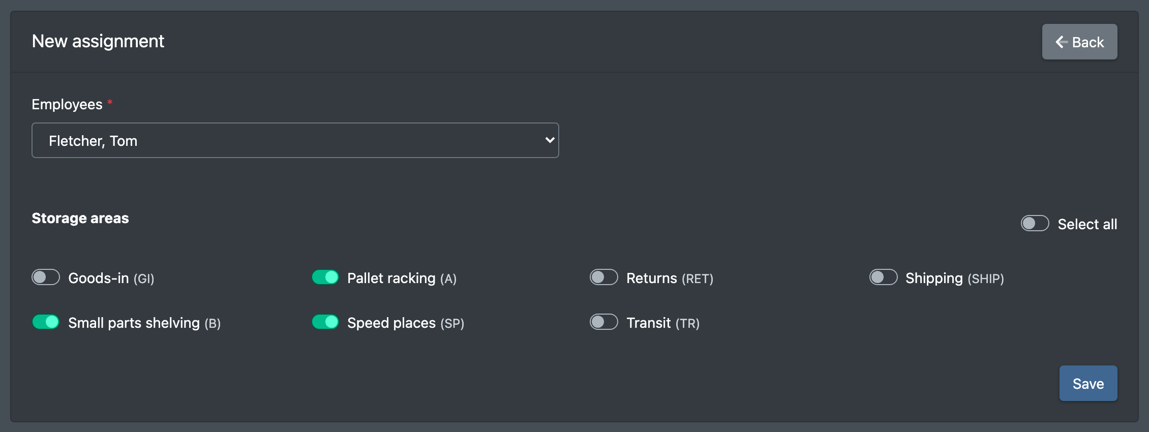 Screenshot: Form "New employee assignment" with an employee selected and three storage areas ticked