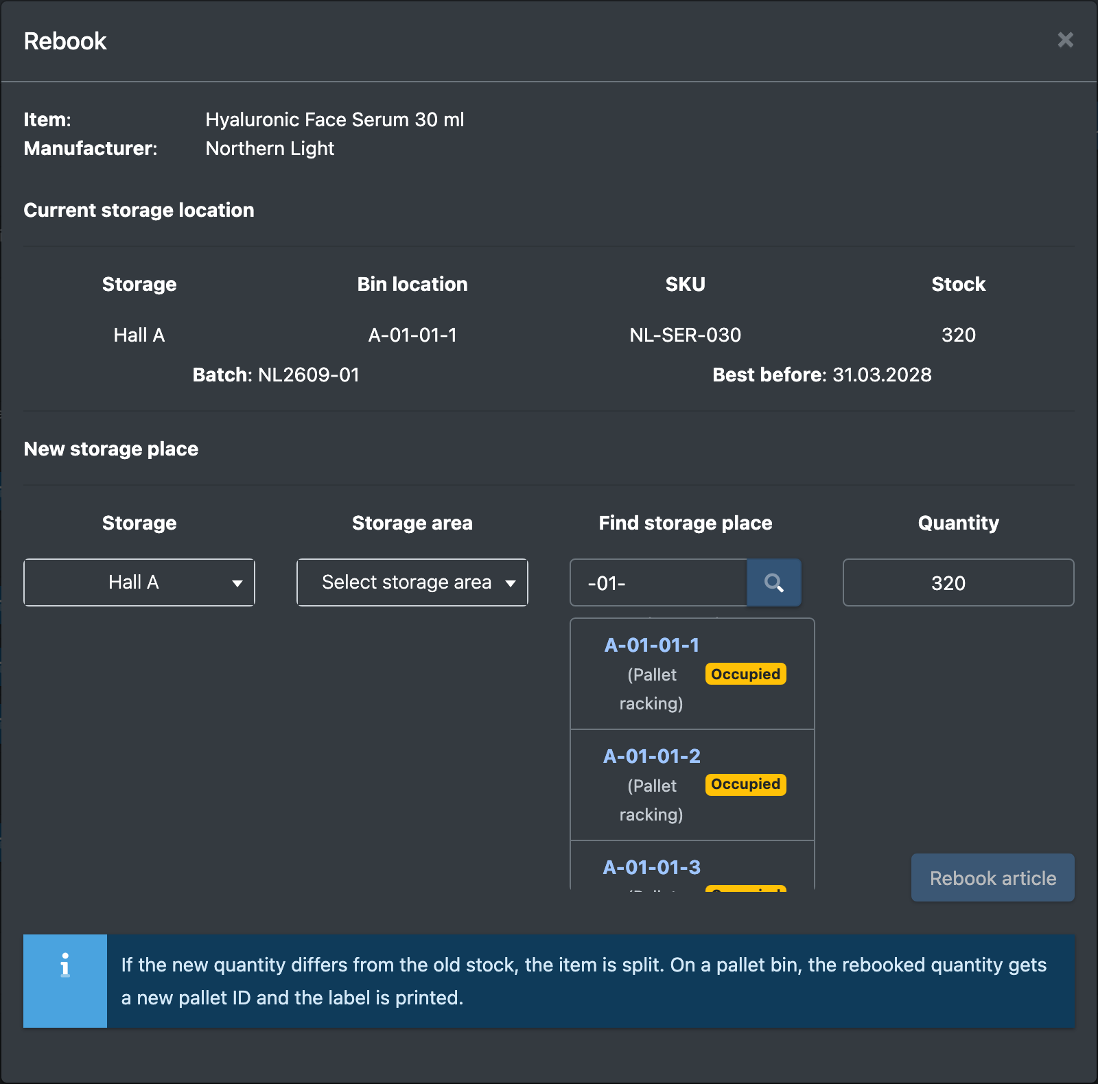 Screenshot: Rebook dialog in the stock overview with the storage place search showing places of the assigned areas only