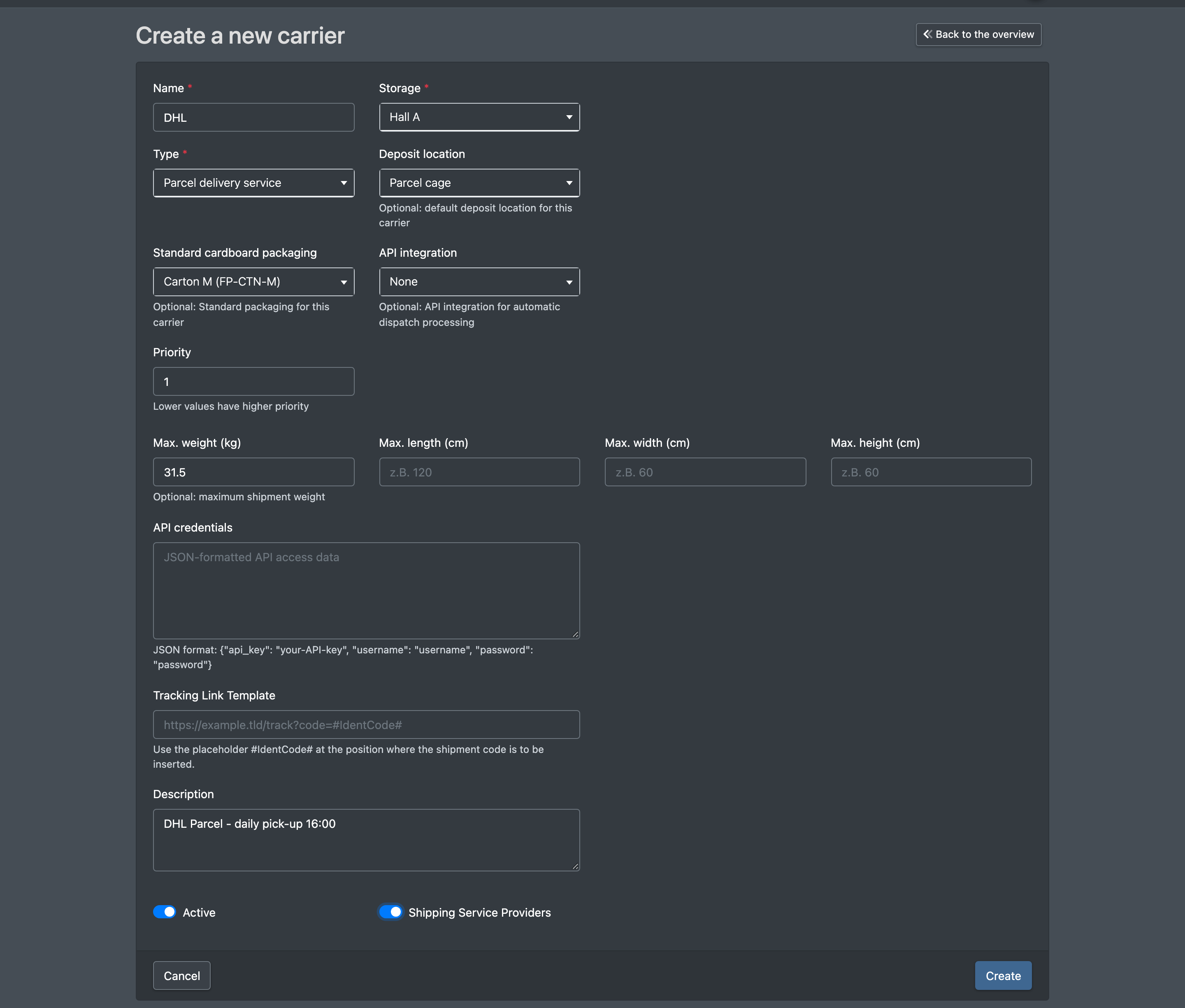 Screenshot: Form "Create new freight carrier" with Name "DHL", Type Parcel service, a default carton and the switches Shipping service provider and Active