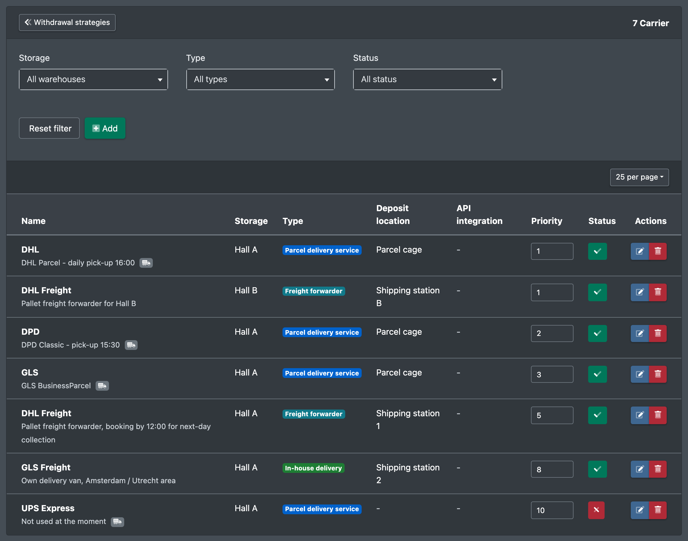 Screenshot: Freight carriers list with Name, Warehouse, Type, Deposit location, Priority and Status