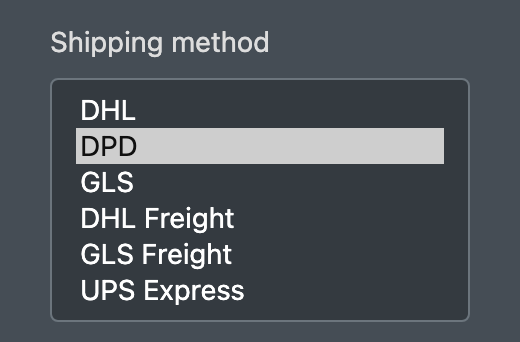 Screenshot: Packing station with the "Shipping method" selection listing the freight carriers of the warehouse