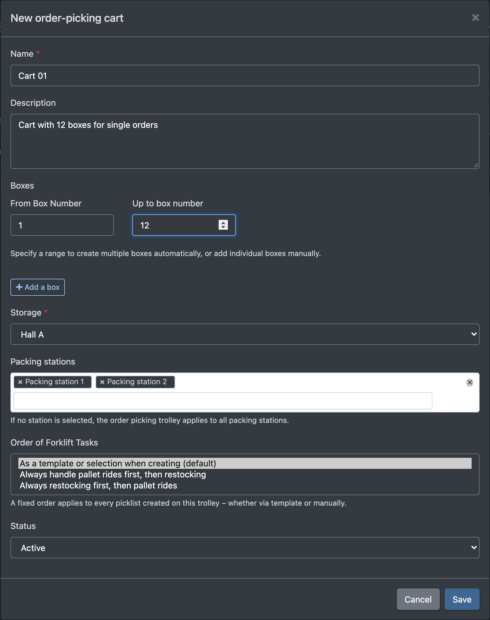 Screenshot: Form "New picking cart" with Name "Cart 01", box range 1 to 12, two packing stations selected and the forklift order drop-down