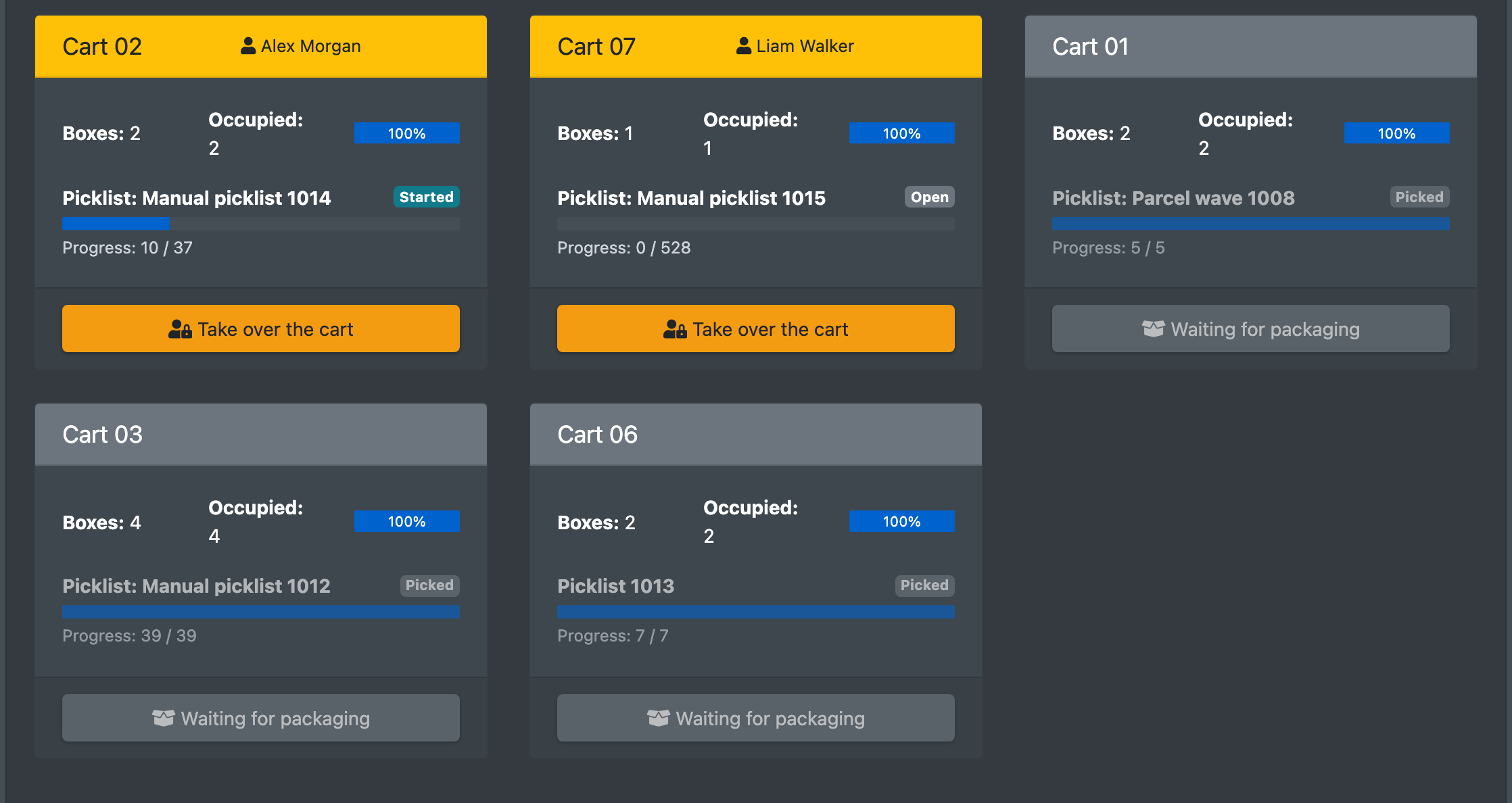 Screenshot: Cart selection in the picking process with one free cart, one cart in use and one greyed-out cart waiting for packing