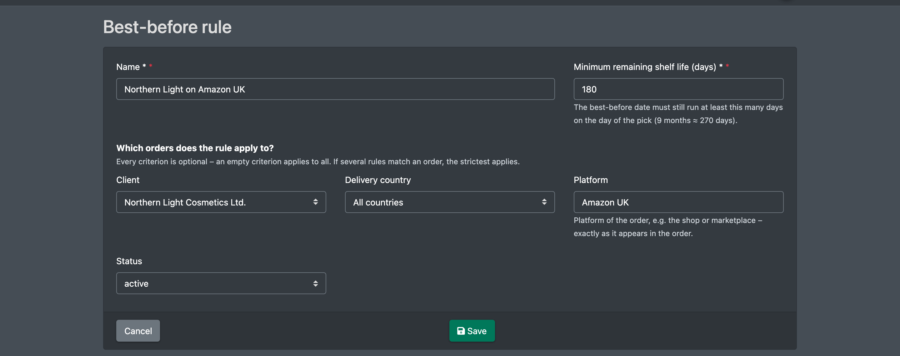 Screenshot: Form "Best-before rule" with name "Northern Light on Amazon UK", 180 days, client Northern Light Cosmetics Ltd., all countries, platform "Amazon UK" and status active