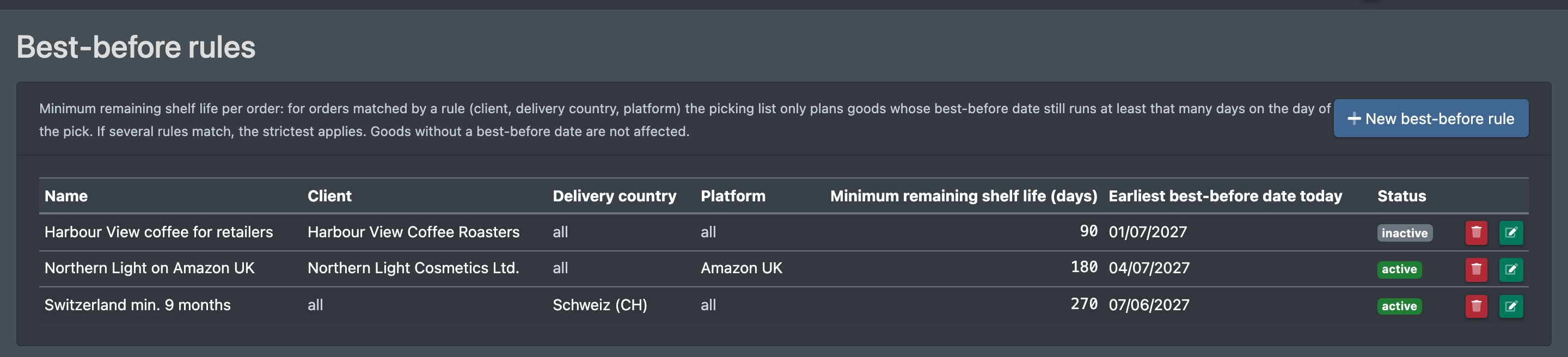 Screenshot: Page "Best-before rules" with the explanation, the button "New best-before rule" and three rules with client, delivery country, platform, days, earliest best-before date today and status