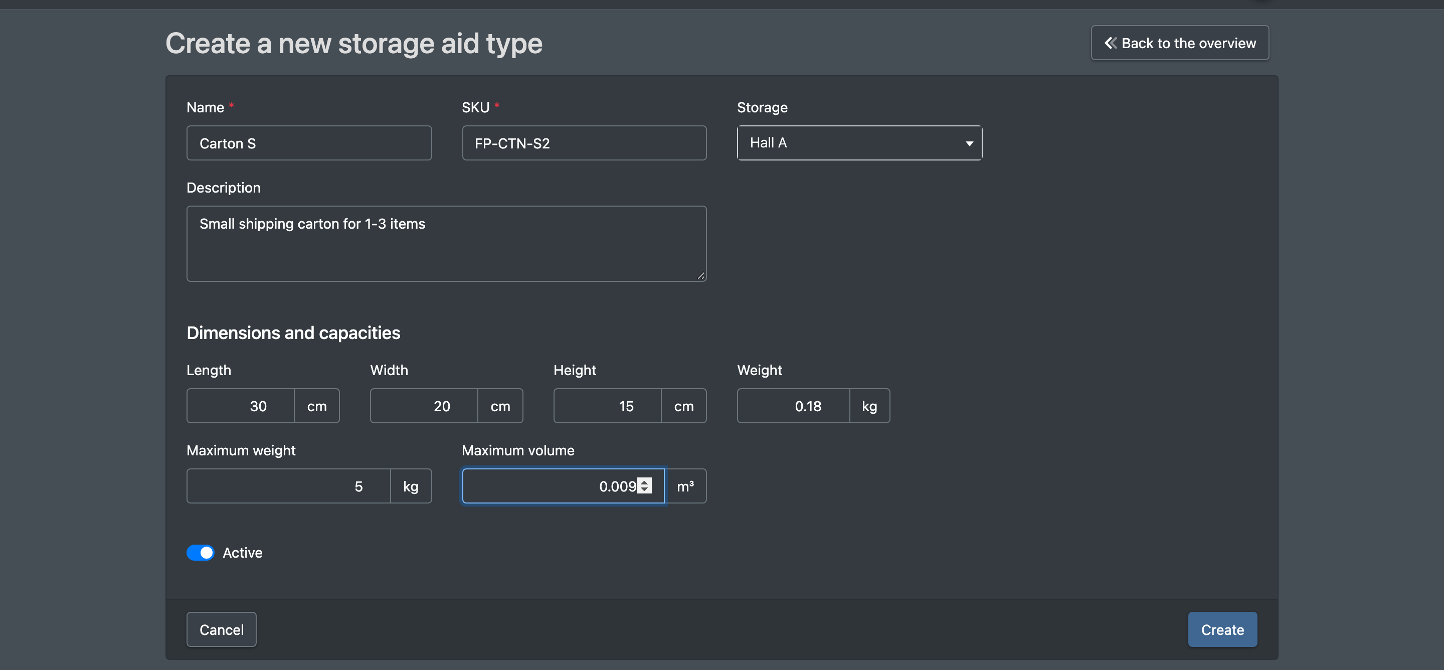Screenshot: Form "Create new storage aid type" with Name "Carton S", SKU, Warehouse and the section "Dimensions and capacities" filled in