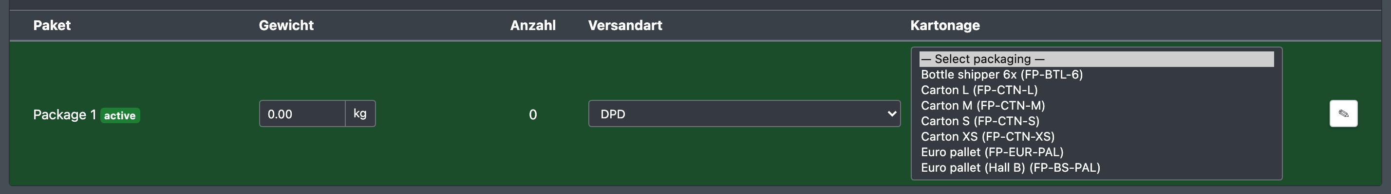Screenshot: Packing station with the "Choose carton" selection listing the storage aid types