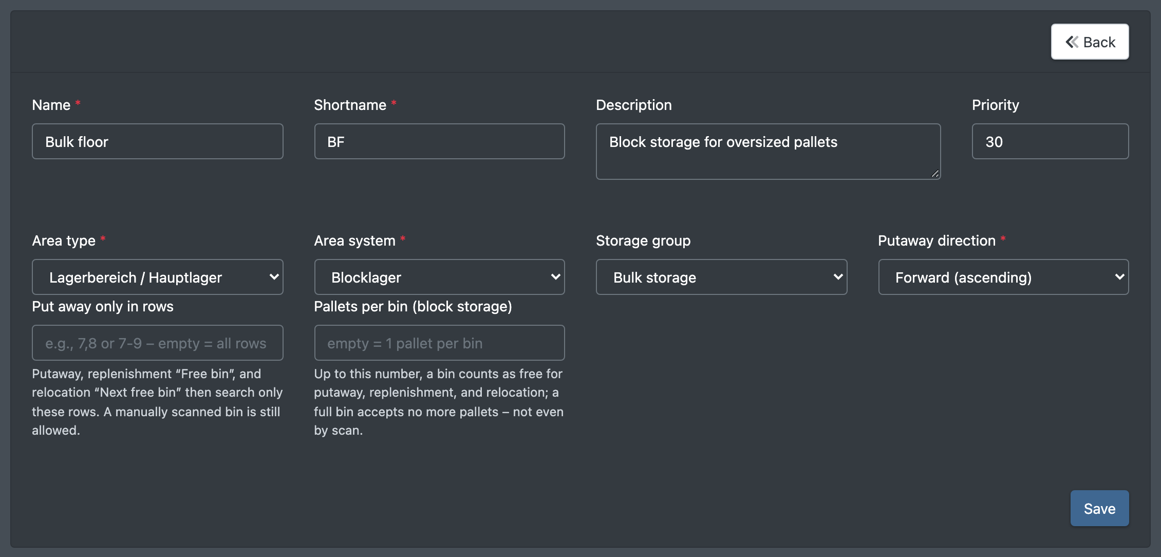 Screenshot: Form "New area" with Name, Short code, Area type, Area system, Storage group and Putaway direction filled in
