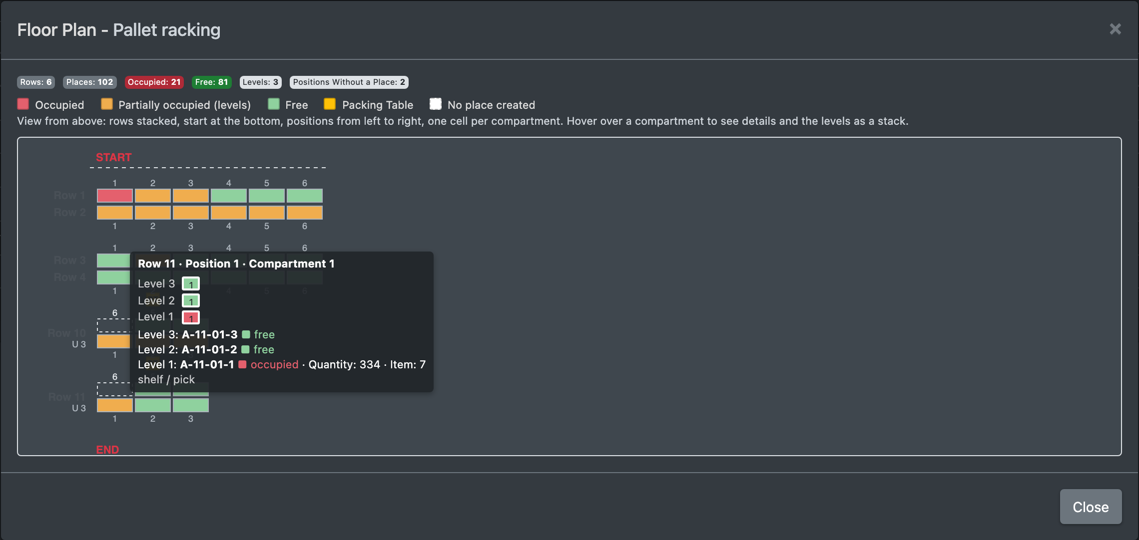 Screenshot: Hall plan of an area with occupied, partly occupied and free places and the tooltip of one compartment
