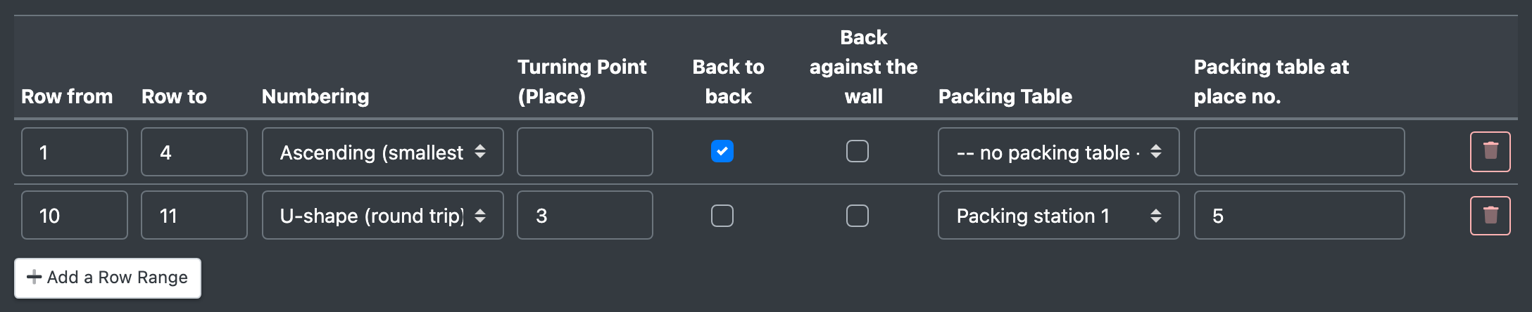 Screenshot: Section "Rows" with two row ranges, numbering U-shape with turning point and a packing table assigned