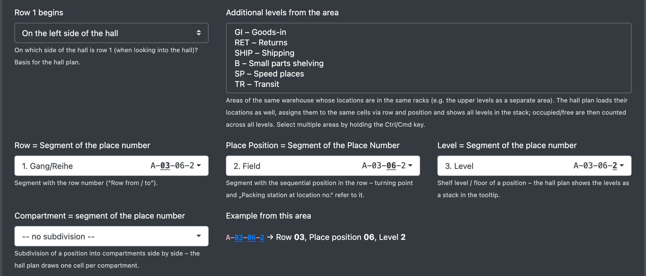 Screenshot: Segment assignment with Row = 1st segment, Place position = 2nd segment, Level = 3rd segment and the "Row 1 starts" option