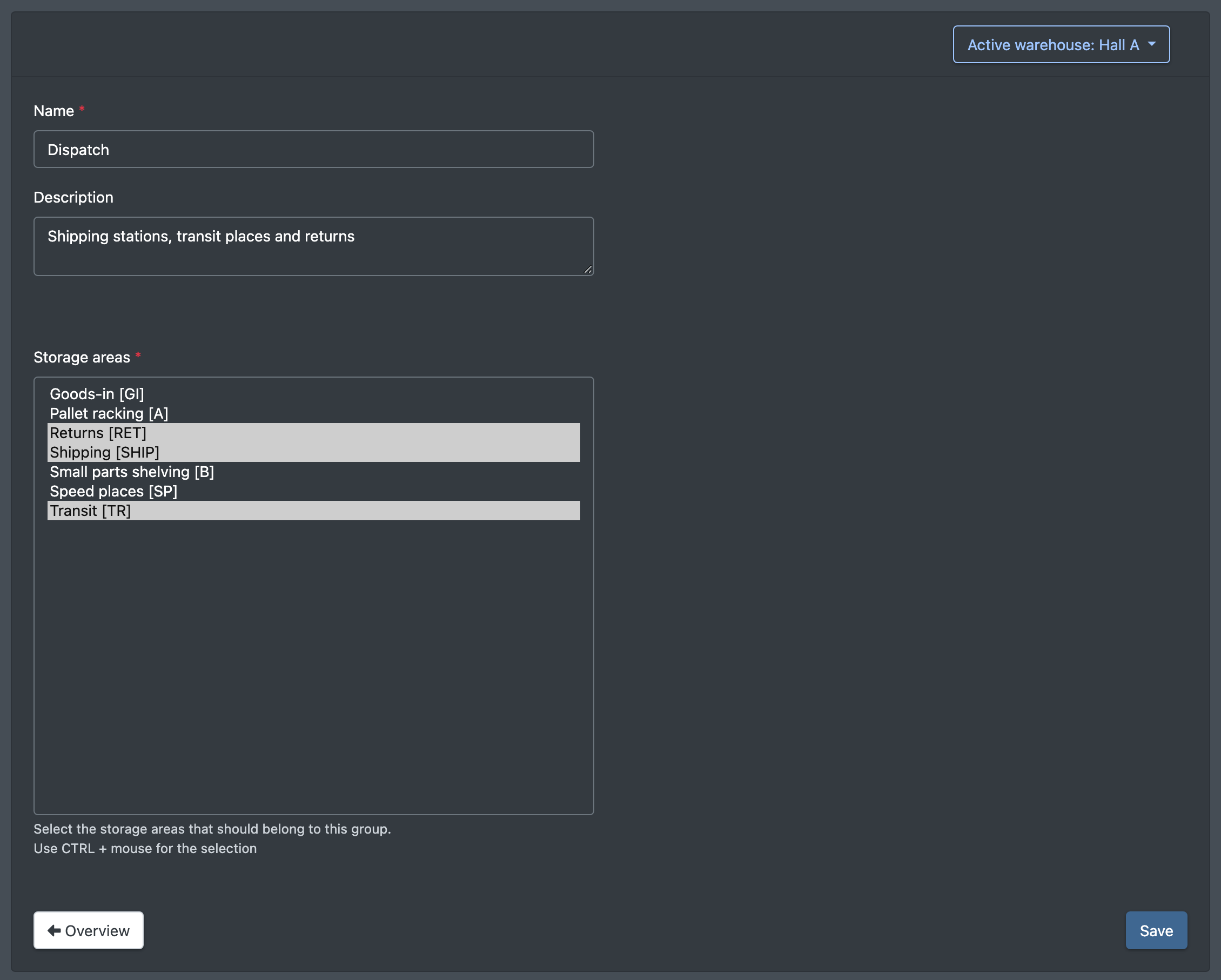 Screenshot: Form "New group" with Name, Description and three storage areas selected in the multi-select list
