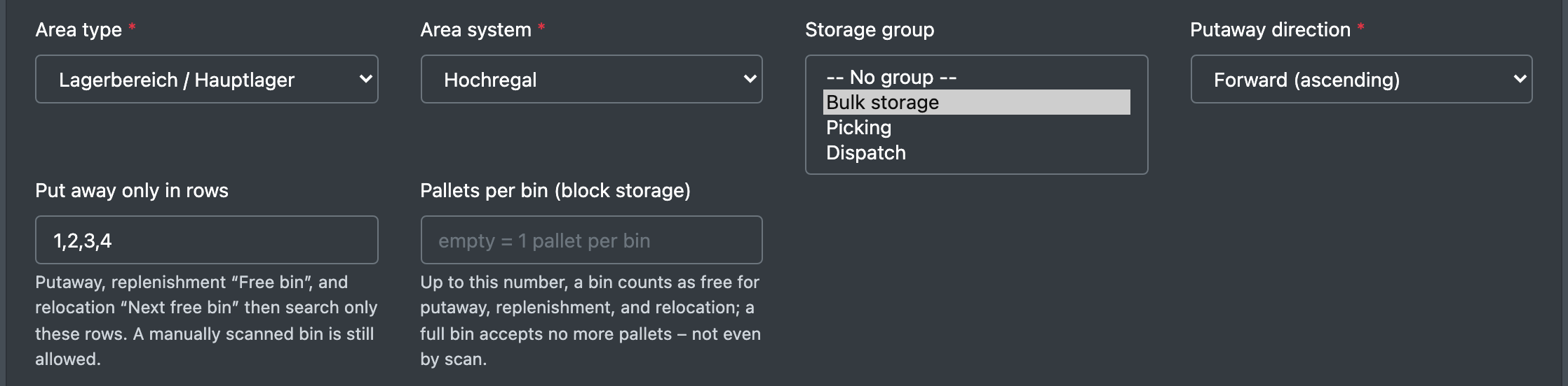 Screenshot: Storage area form with the drop-down "Storage group" opened