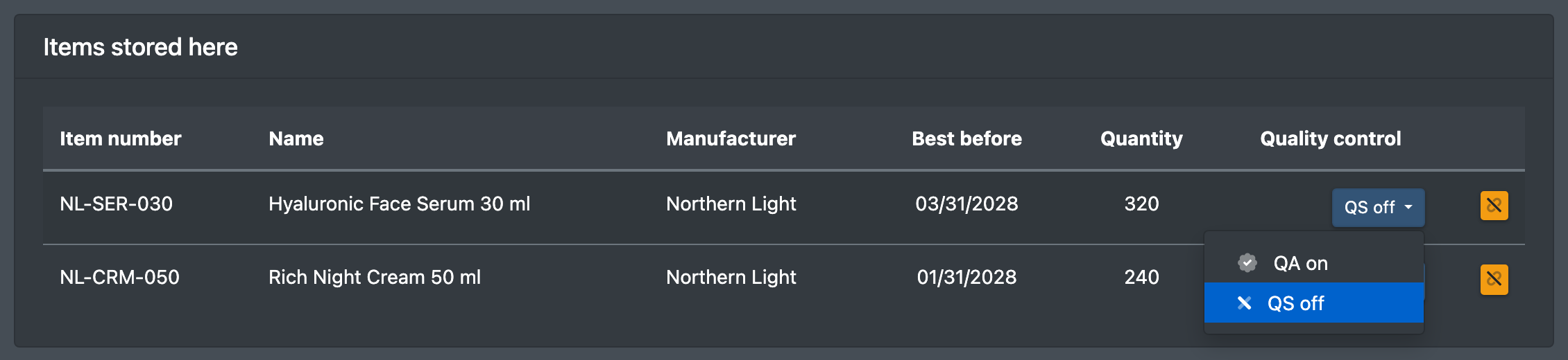 Screenshot: Table "Articles stored here" with the QA drop-down and the unlink button of one article