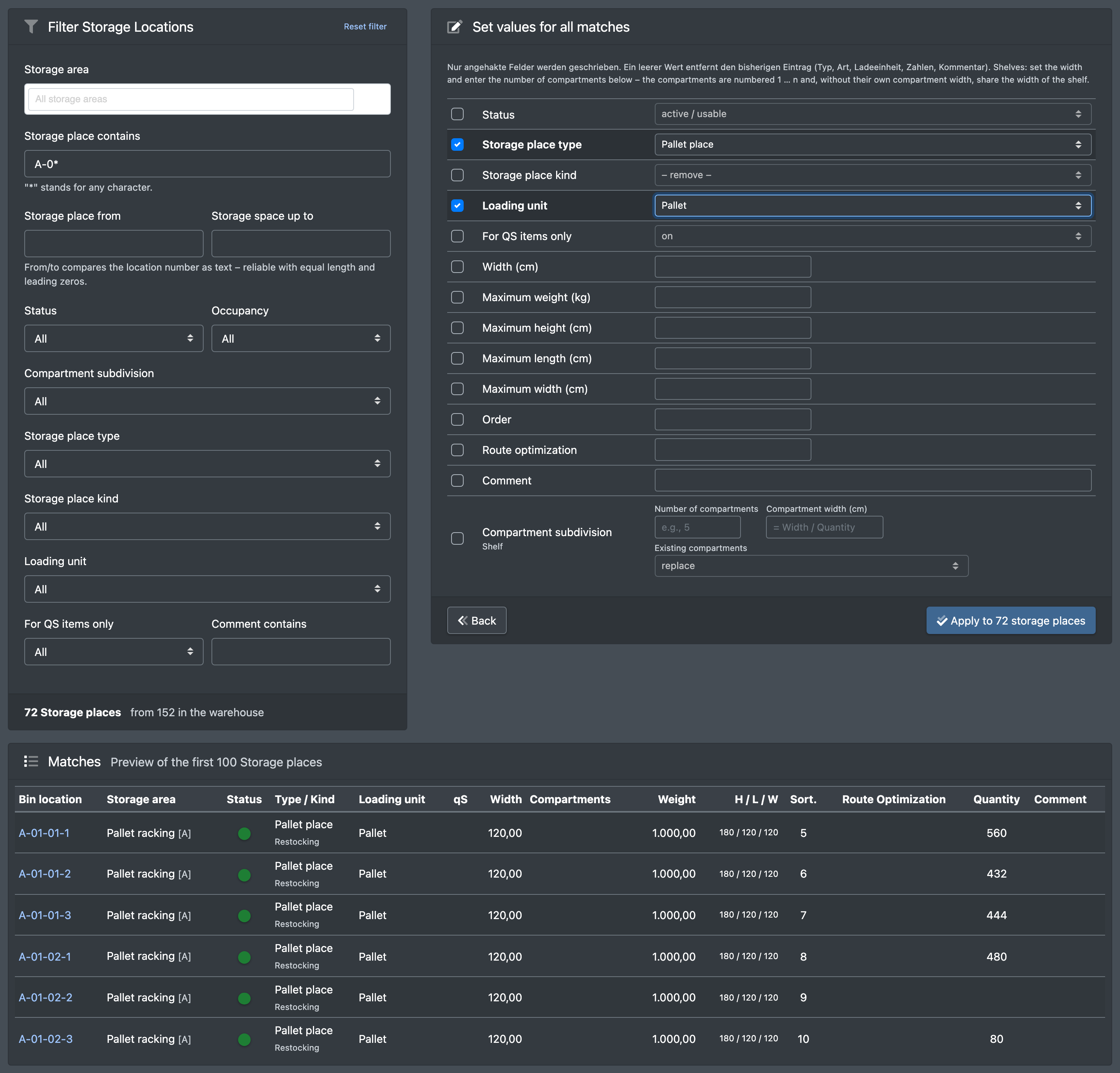 Screenshot: Bulk editing with filter "Storage place contains ABPL-*", preview of the matches and the ticked fields Storage place type and Loading unit