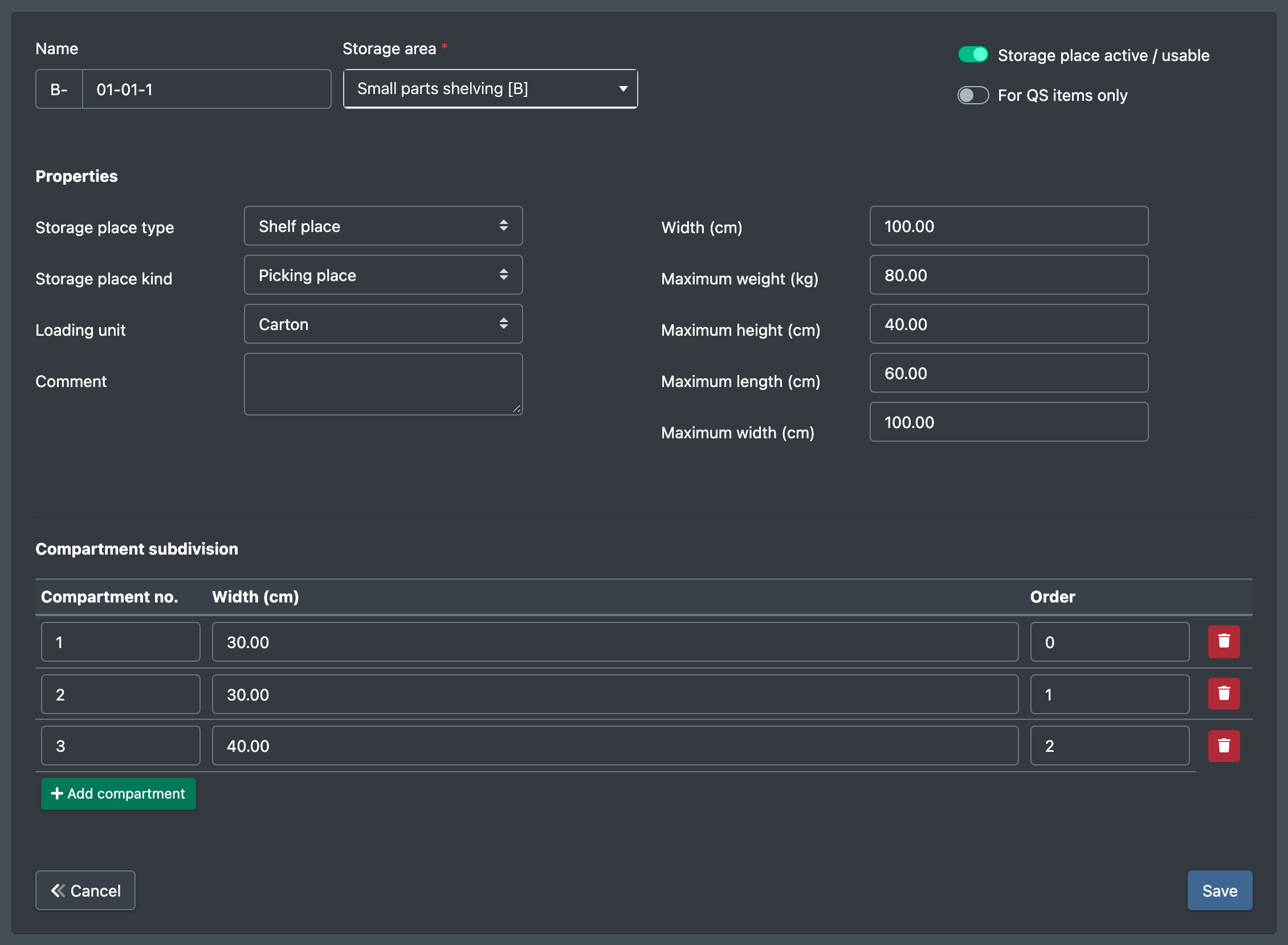 Screenshot: Form "Edit storage place" with Name, Storage area, active switch, QA switch, type, kind, loading unit, dimensions and two compartments